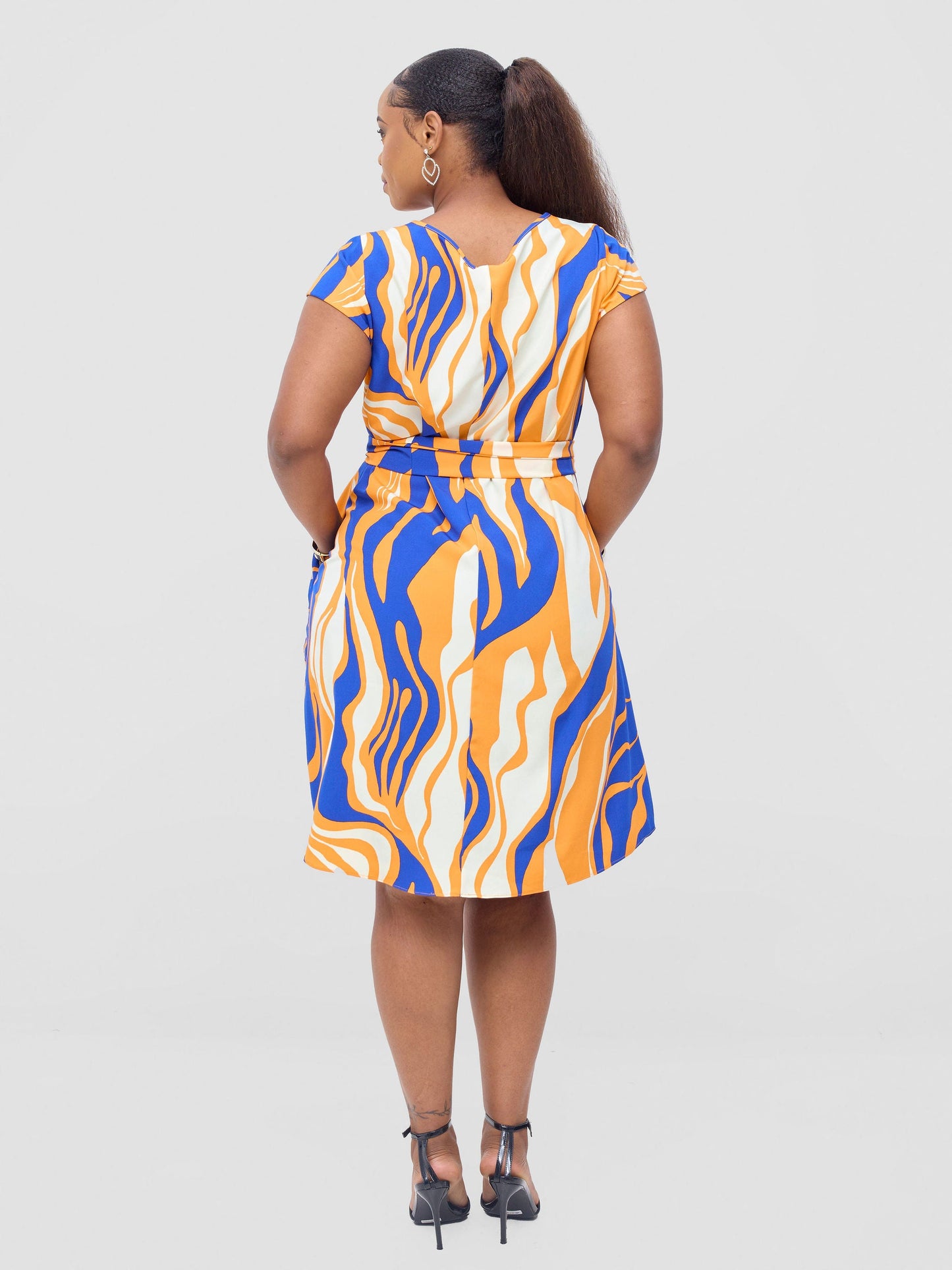 Vivo Basic Cap Sleeve Knee Length Tent Dress -Cobalt / Orange Capi Print