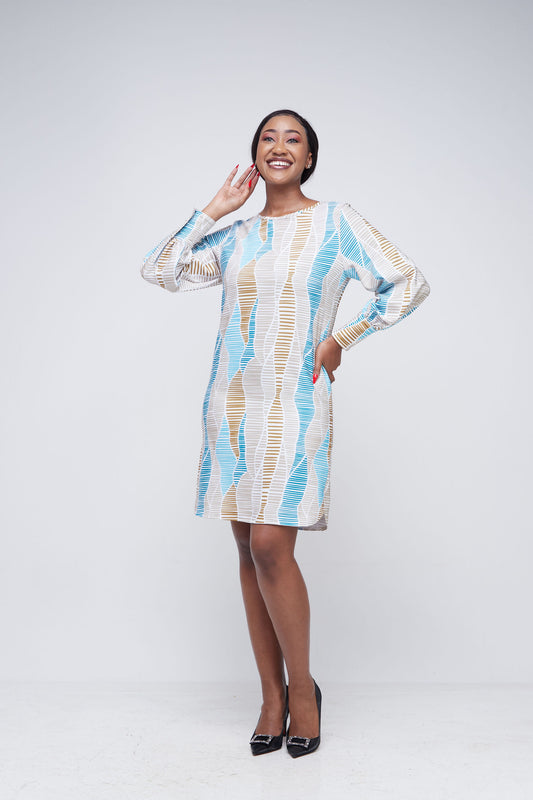 Vivo Tatili Cuffed Bishop Sleeve Shift Dress - Teal / Taupe Abstract Print