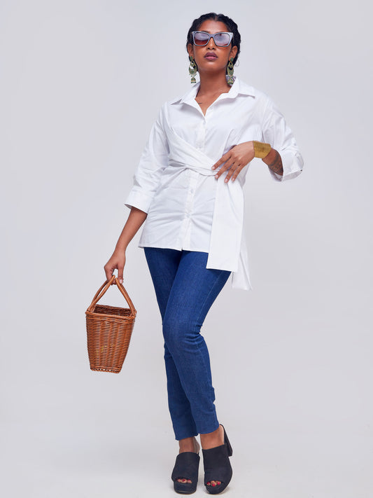 Safari Mali 3/4 Sleeve Tie Shirt - White