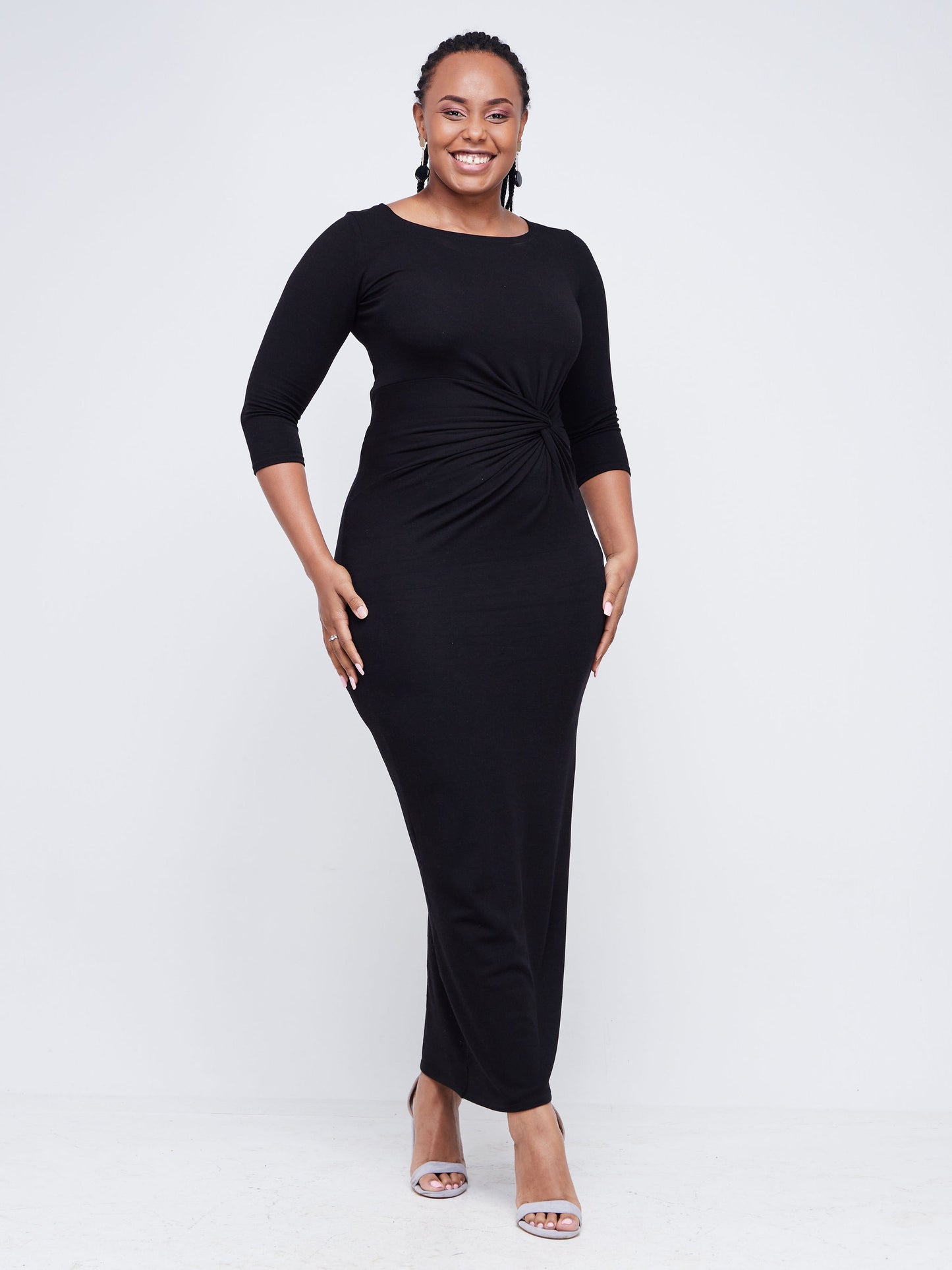 Vivo Bana Front Knot 3/4 Sleeve Maxi Dress - Black