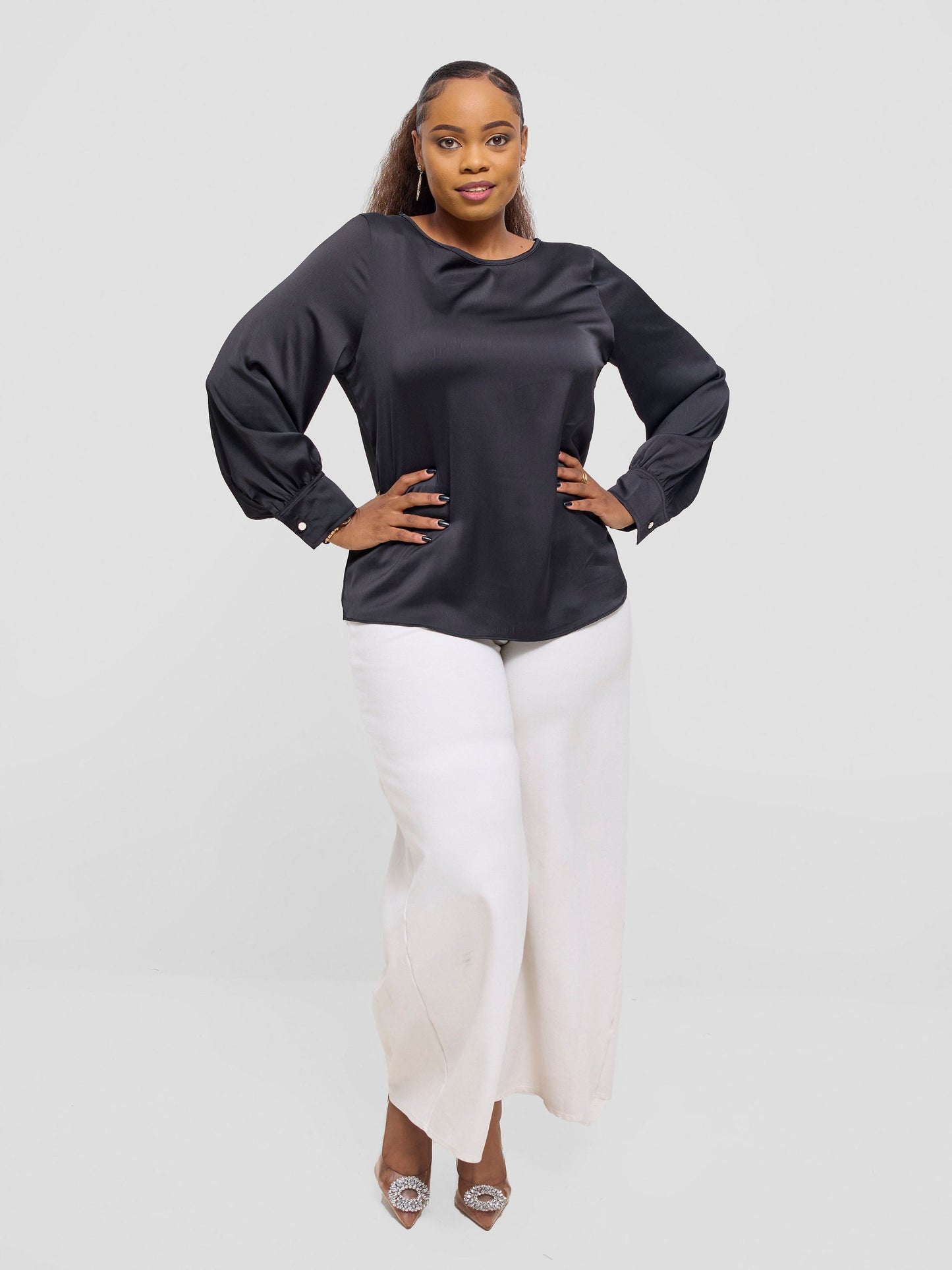 Vivo Tatili Satin Bishop Long Sleeve Top - Black Textured