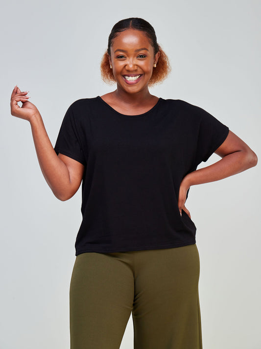Vivo Bana Drop Shoulder Cowl Back Top - Black