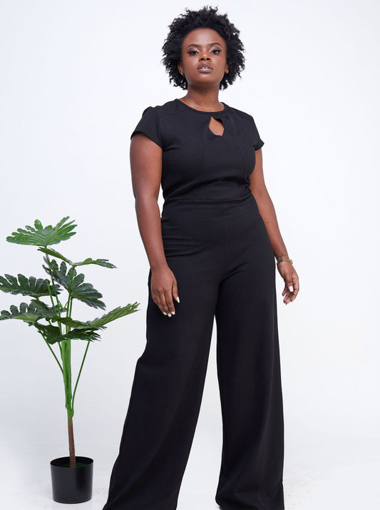 Vivo Fasi Diamond Cut Cap Sleeve Jumpsuit- Black