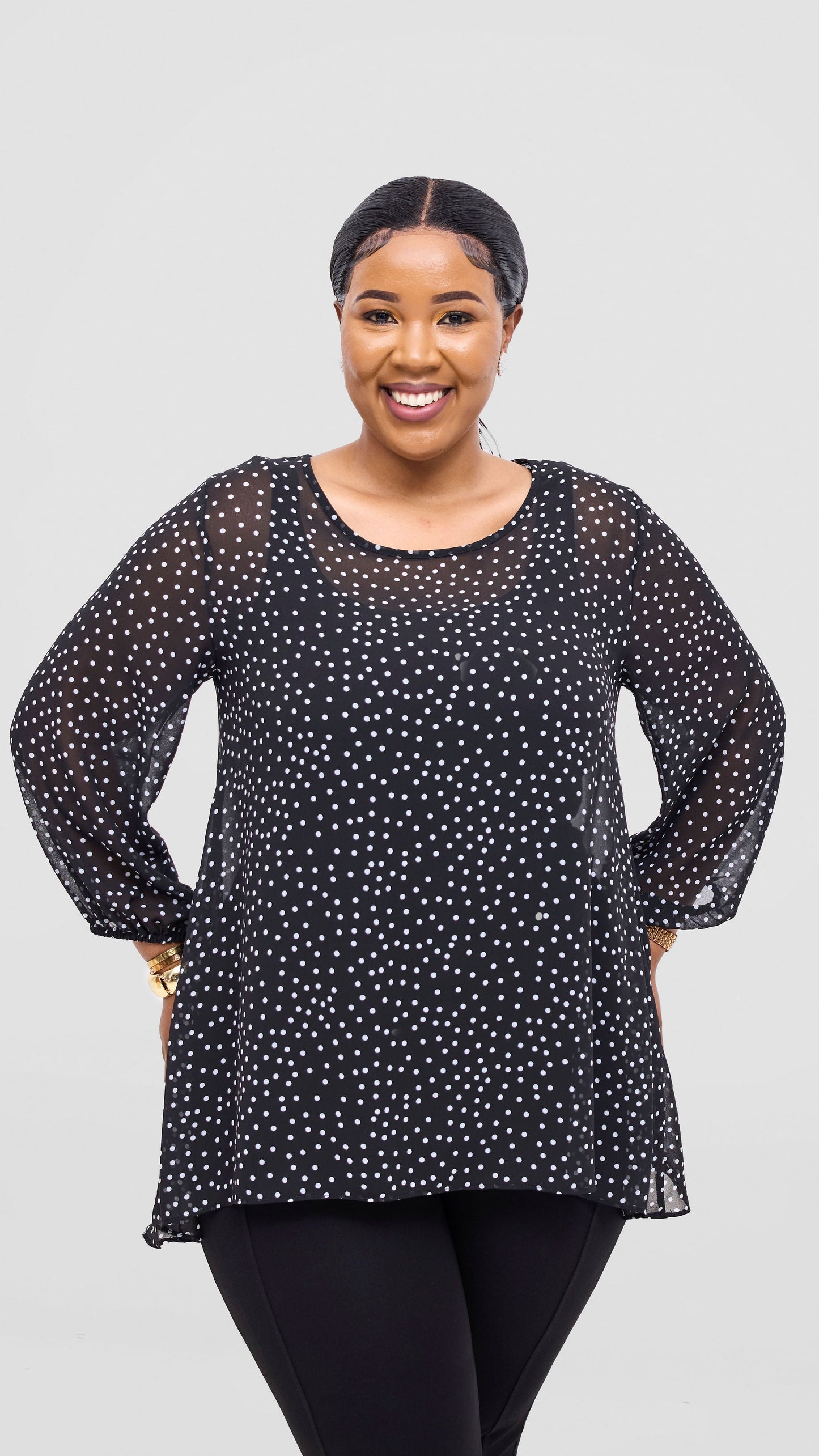 Vivo Samira High Low Top - Black / White Polka Dot Print