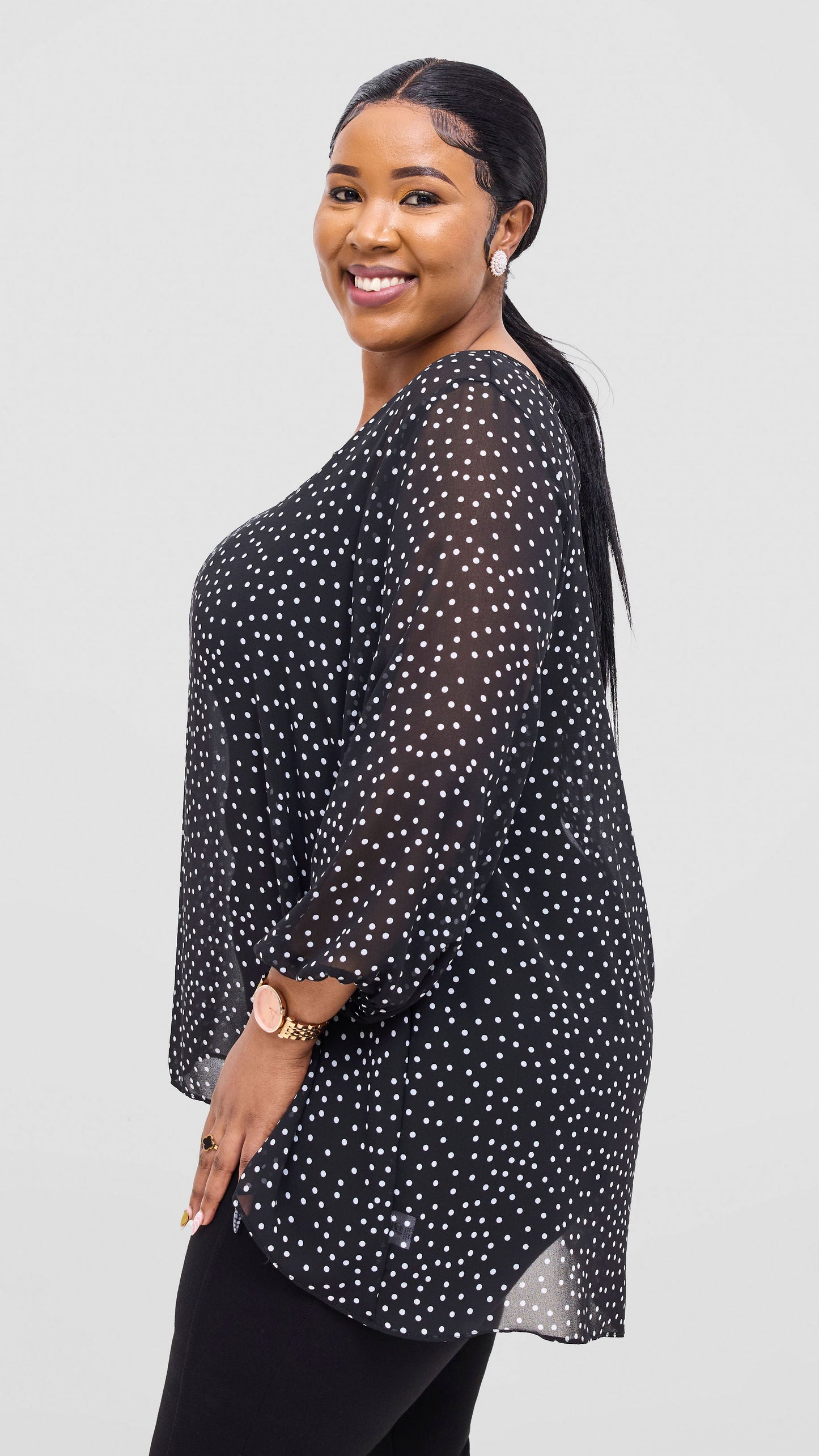 Vivo Samira High Low Top - Black / White Polka Dot Print