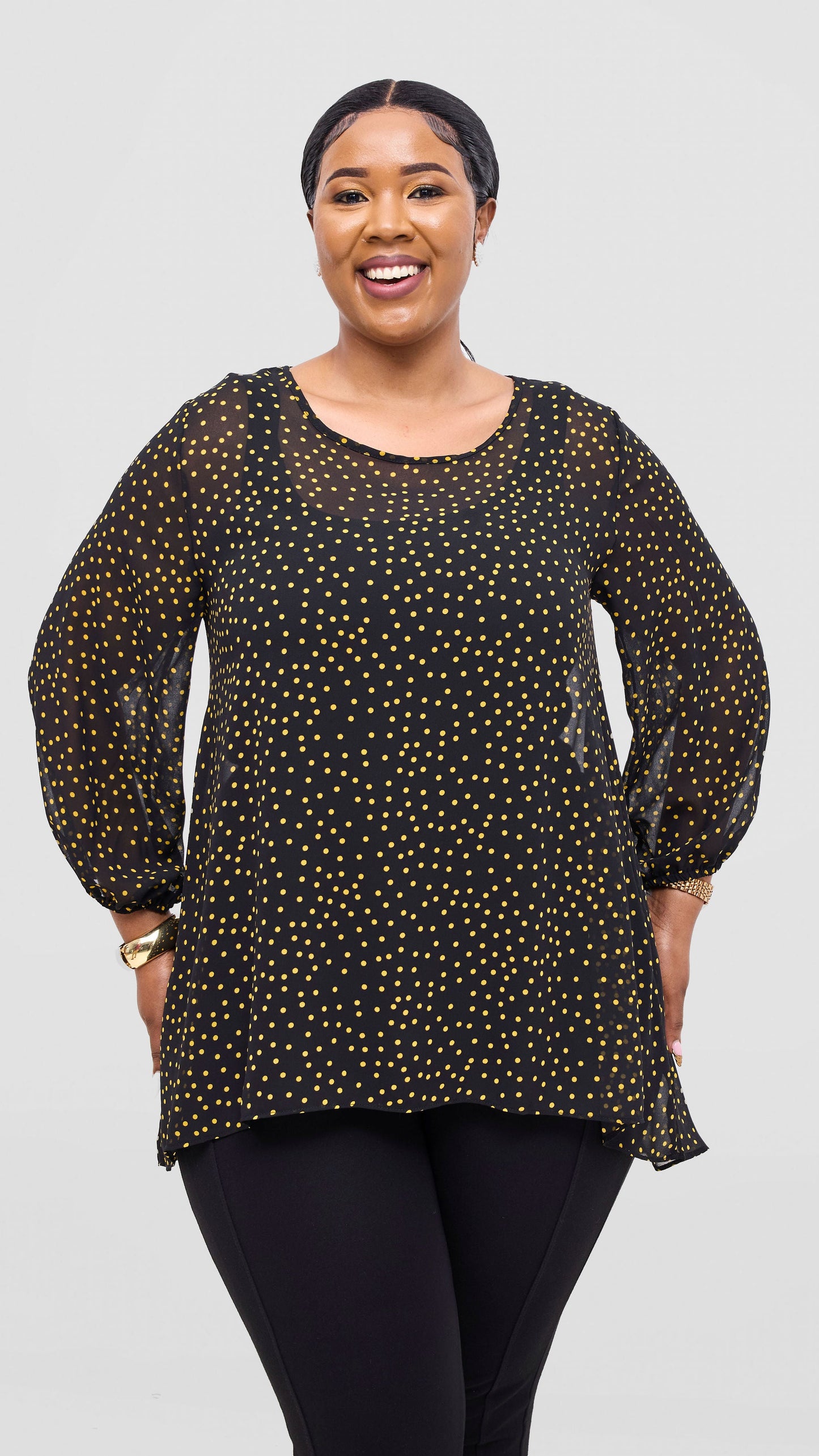 Vivo Samira High Low Top - Black / Yellow Polka Dot Print