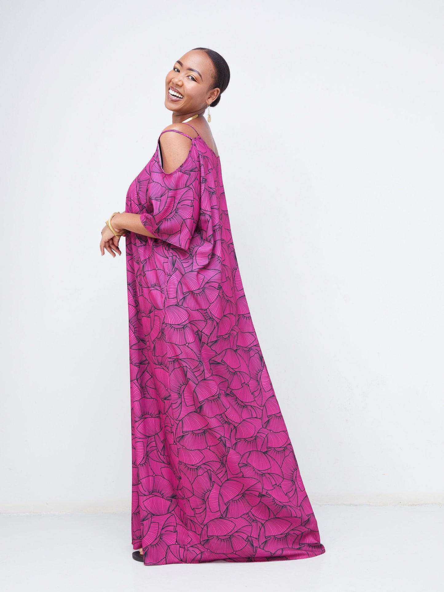 Vivo Dali Strappy Shoulder Tent Maxi Dress - Pink / Black Petal Print