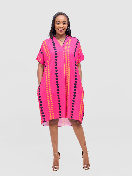 Vivo Reba Drop Shoulder Shirt Dress - Hot Pink / Black Deka Print