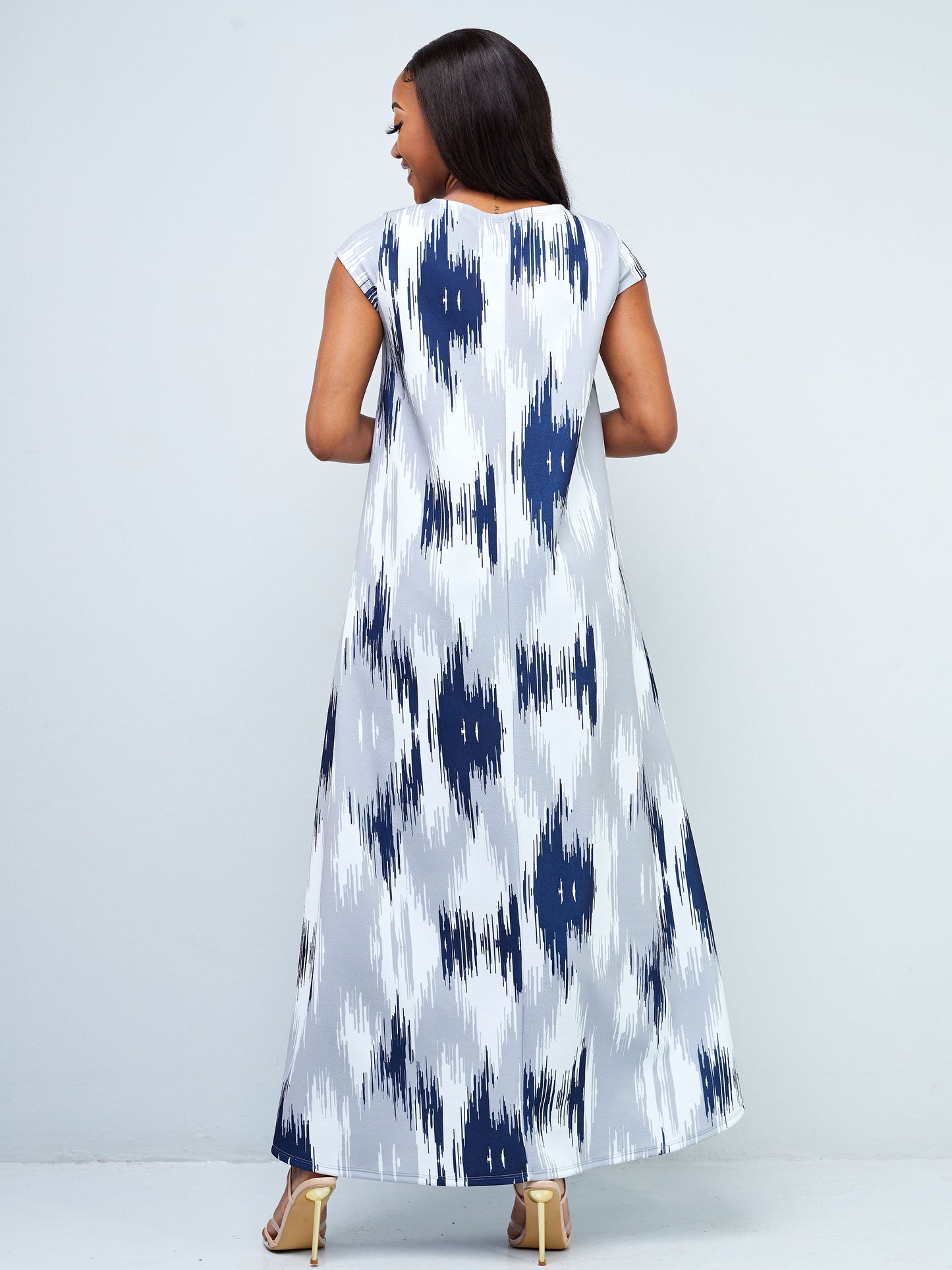 Vivo Hema Cap Sleeve Maxi Dress - Grey / Navy Abstract Print