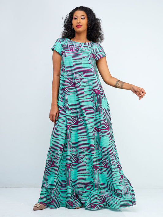 Vivo Basic Cap Sleeve Tent Maxi Dress - Green / Purple Abstract Print