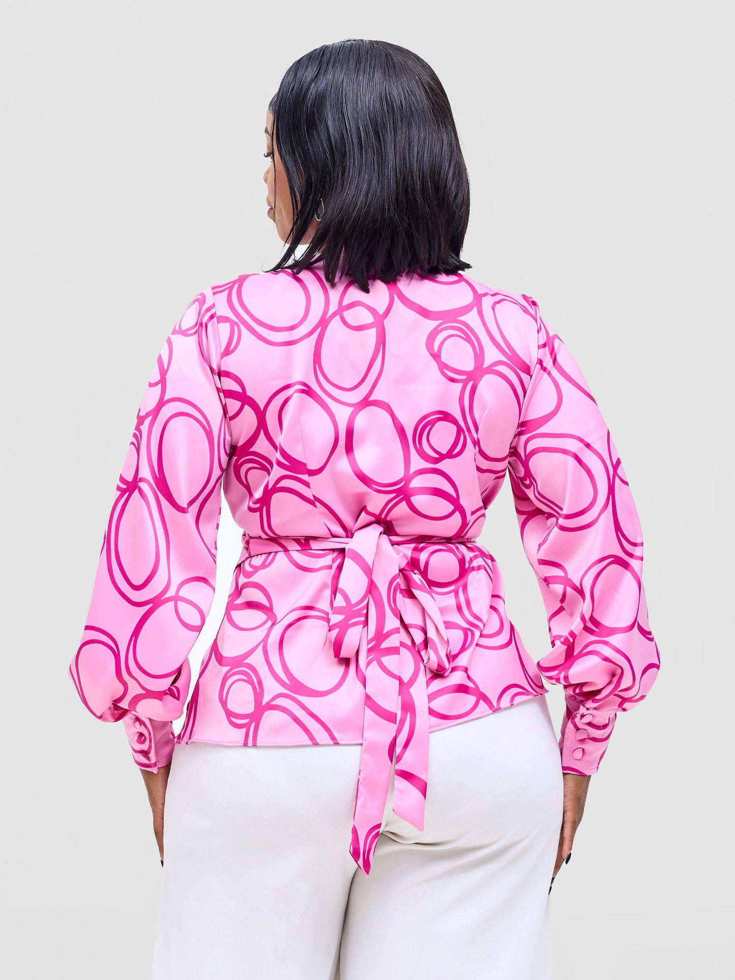 Vivo Merika Satin Wrap Top - Rose Pink / Fuschia Nito Print
