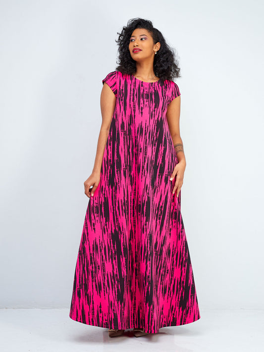 Vivo Hema Cap Sleeve Maxi Dress - Pink / Black Abstract Print