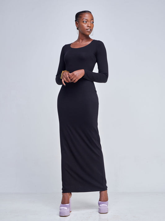 Vivo Basic Long Sleeve Straight Maxi Dress - Black