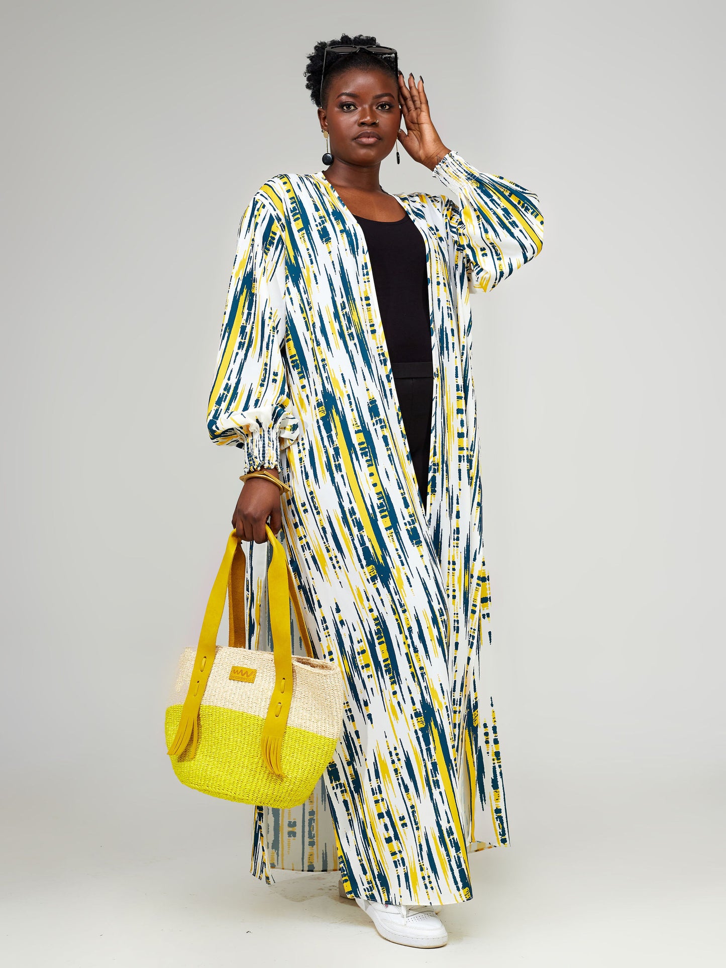 Vivo Wastani Shirred Cuff Maxi Kimono - Teal / Mustard Abstract Print