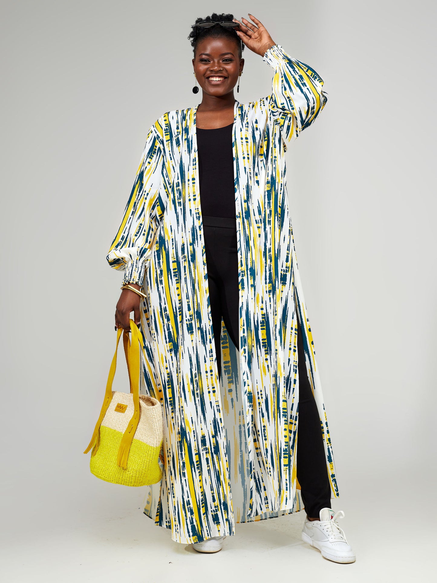 Vivo Wastani Shirred Cuff Maxi Kimono - Teal / Mustard Abstract Print