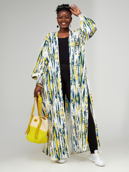 Vivo Wastani Shirred Cuff Maxi Kimono - Teal / Mustard Abstract Print