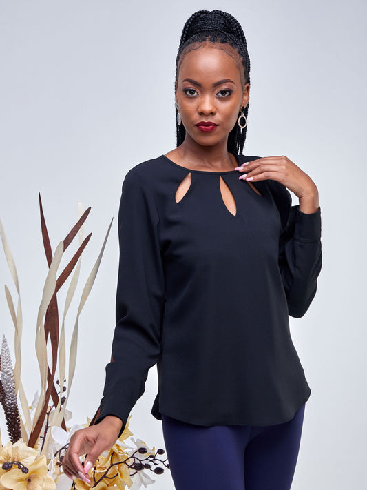 Vivo Fasi Tear Cut Out Long Sleeve Top - Black