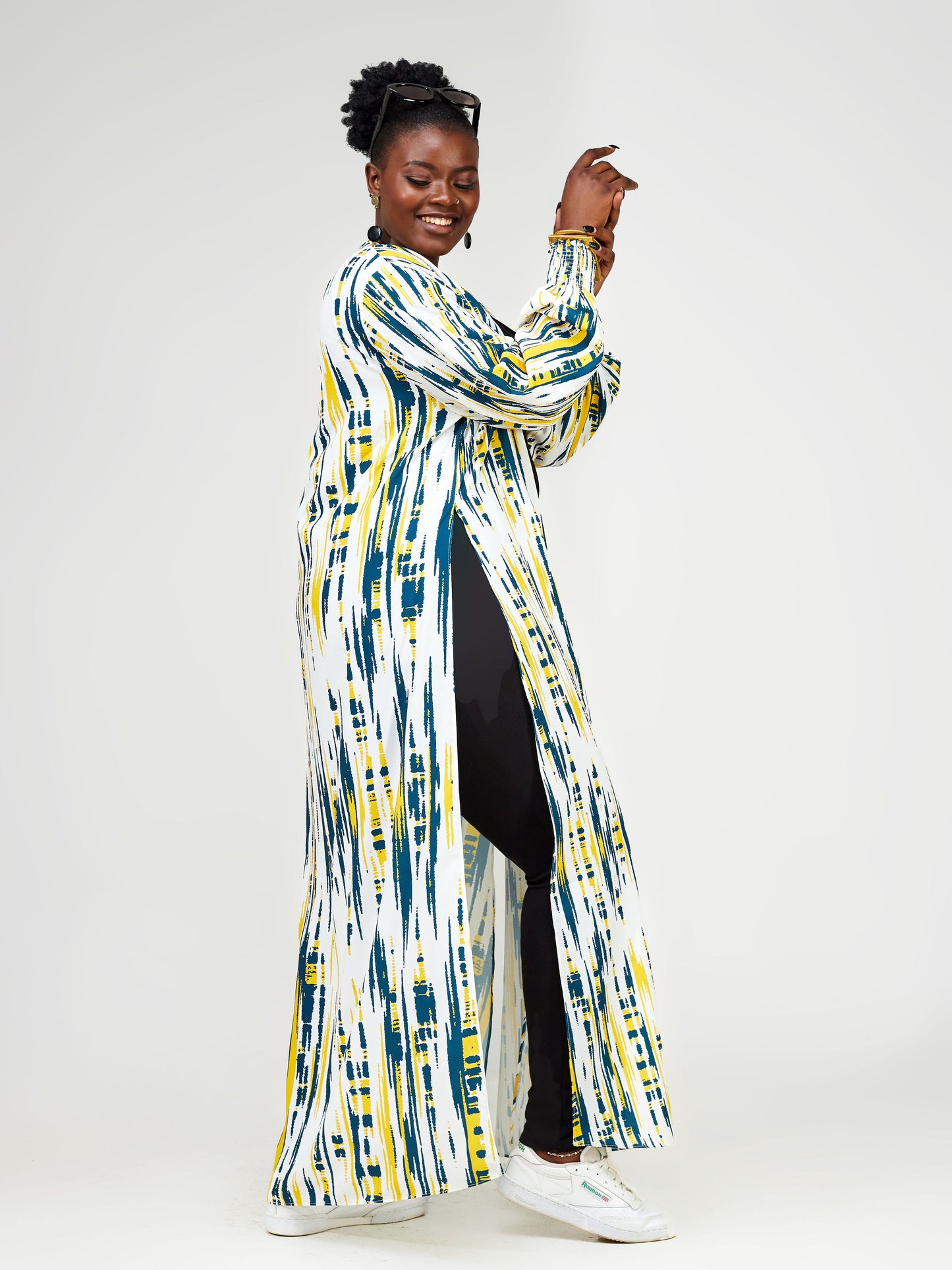 Vivo Wastani Shirred Cuff Maxi Kimono - Teal / Mustard Abstract Print