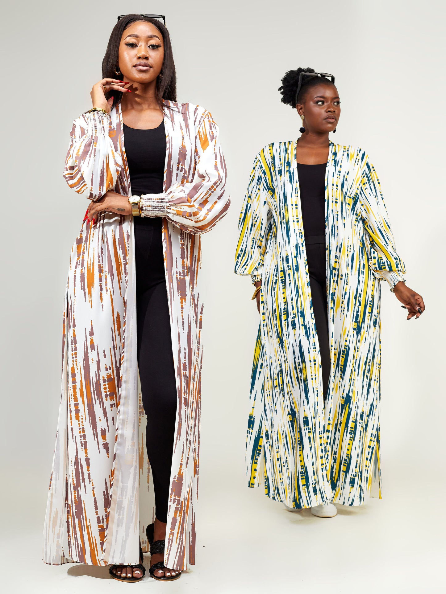 Vivo Wastani Shirred Cuff Maxi Kimono - Taupe / Rust Abstract Print