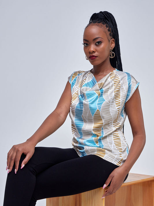 Vivo Tatili Drop Shoulder Cowl - Teal / Mustard Wavy Stripes Print