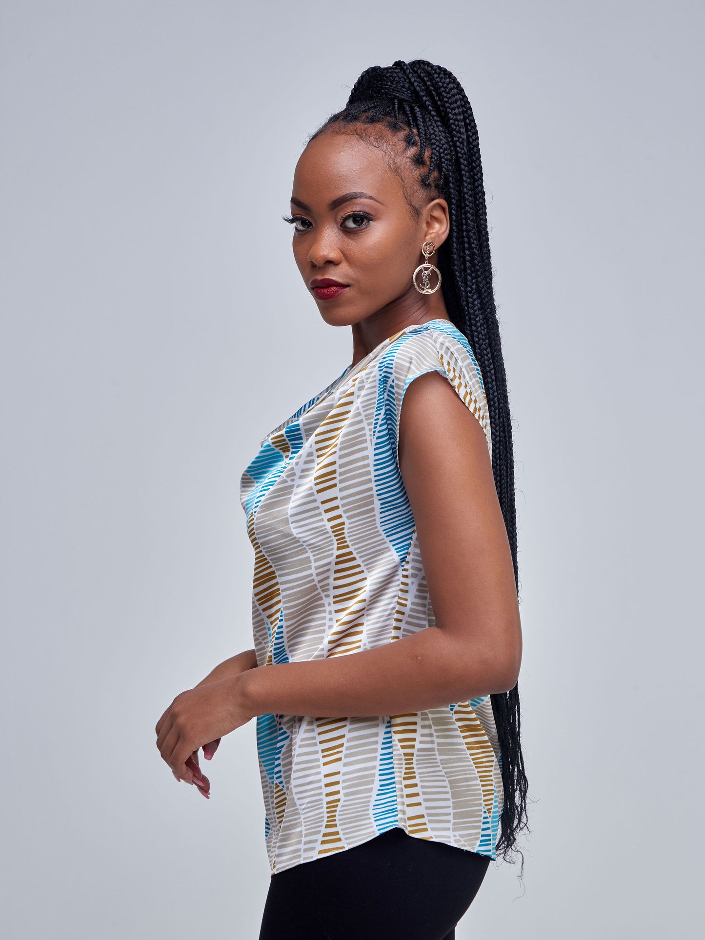 Vivo Tatili Drop Shoulder Cowl - Teal / Mustard Wavy Stripes Print