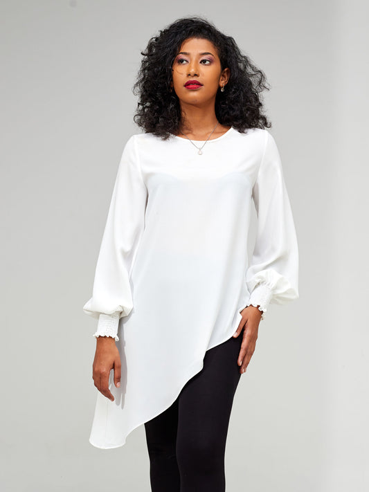 Vivo Wastani Shirred Cuff Asymmetrical Top - White