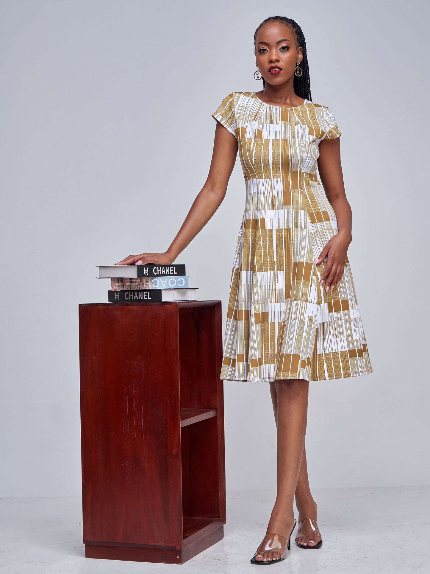 Vivo Tatili Cap Sleeved Panelled A-Line Dress - Brown Barcode Abstract Print