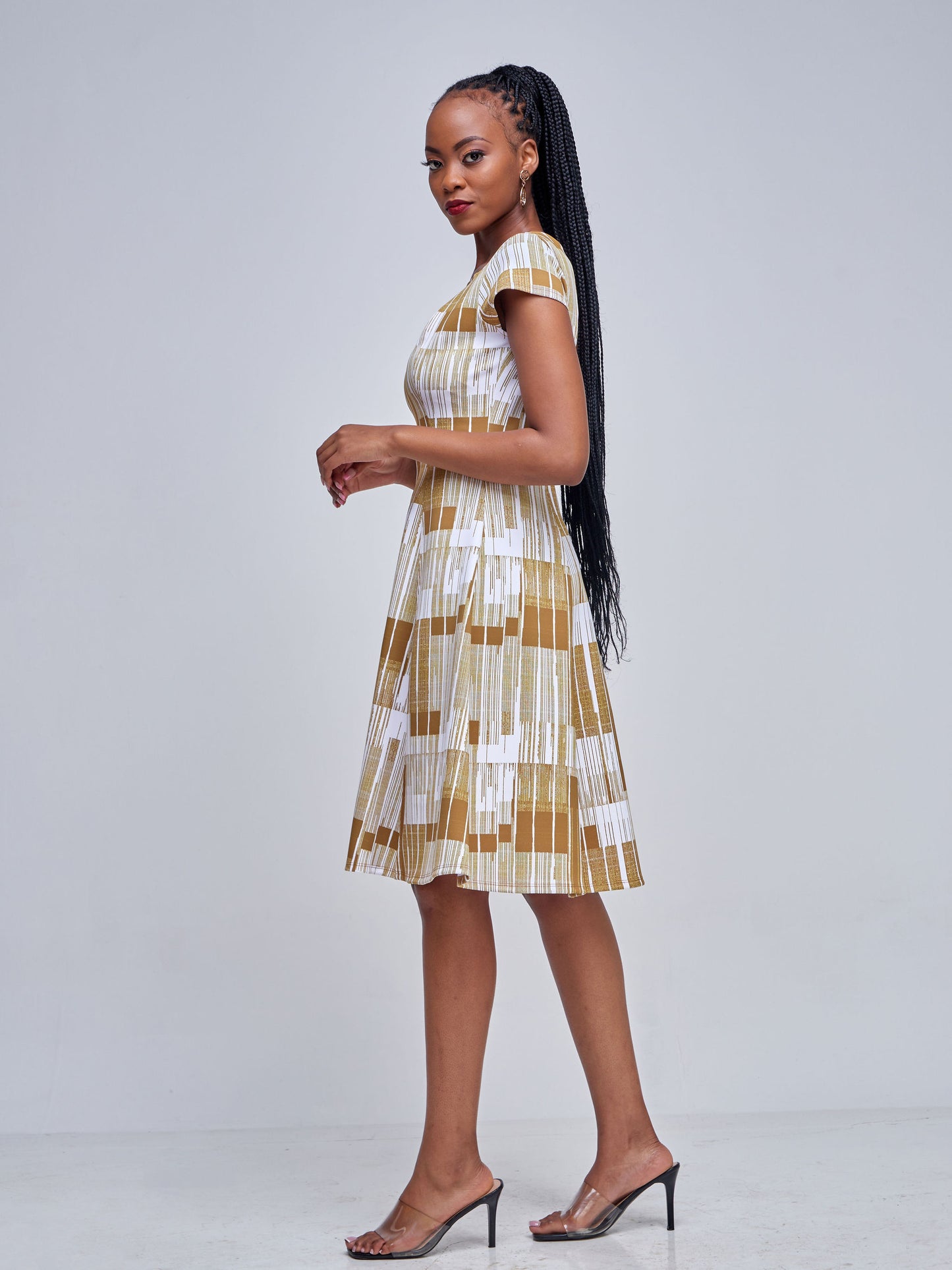 Vivo Tatili Cap Sleeved Panelled A-Line Dress - Brown Barcode Abstract Print