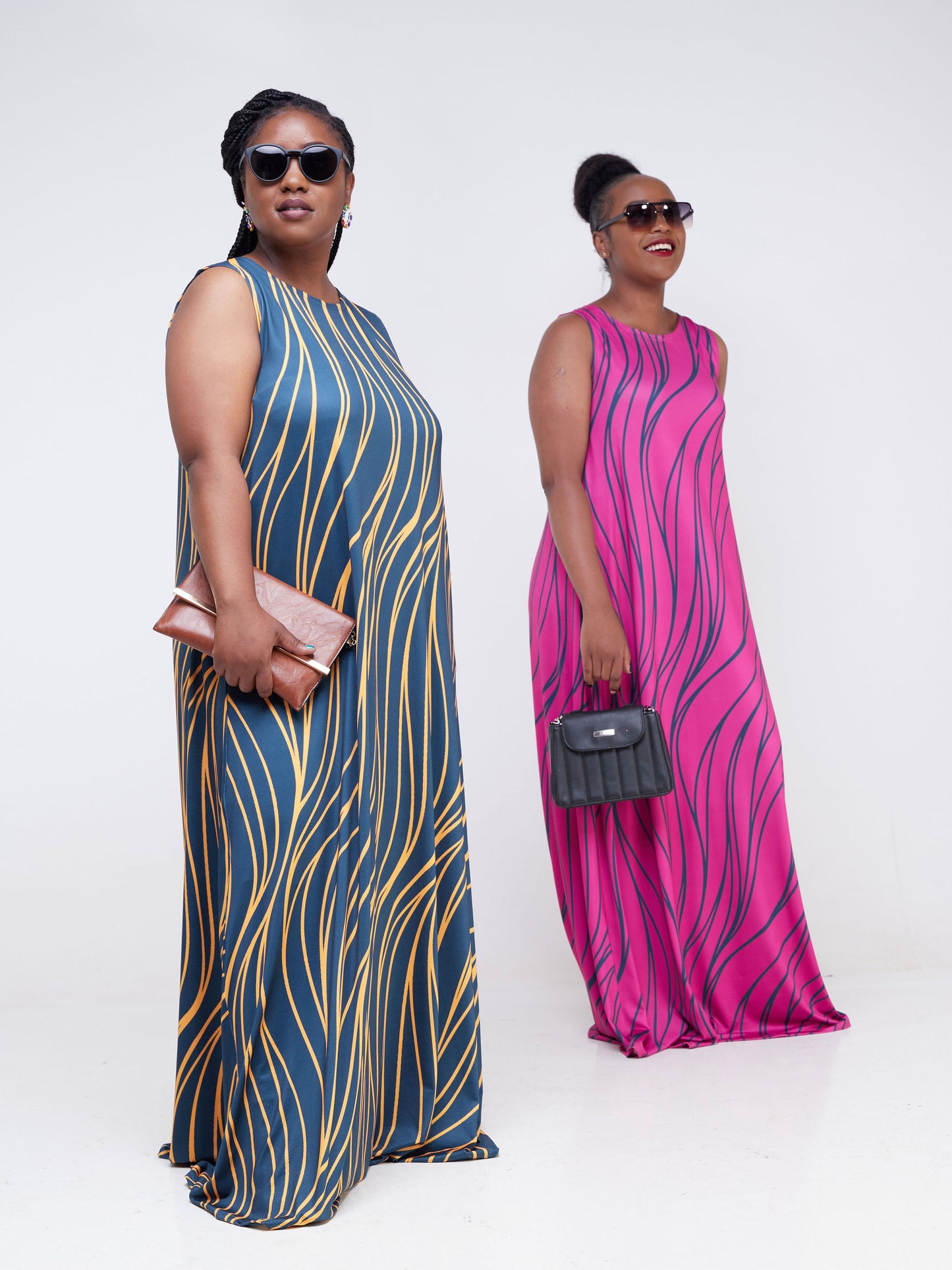 Vivo Lumi Back Pleat Maxi Dress - Teal / Mustard Wave Print