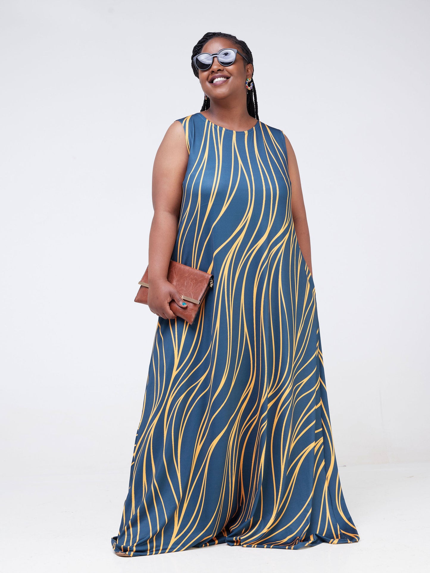Vivo Lumi Back Pleat Maxi Dress - Teal / Mustard Wave Print