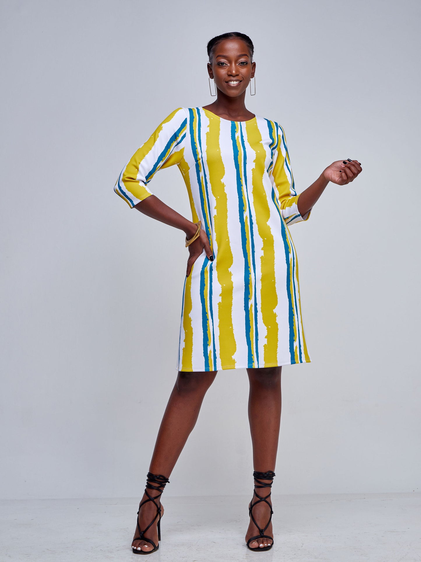 Vivo Tatili 3/4 Sleeve A Line Dress - Dark Teal / Mustrad Abstract Stripes Print