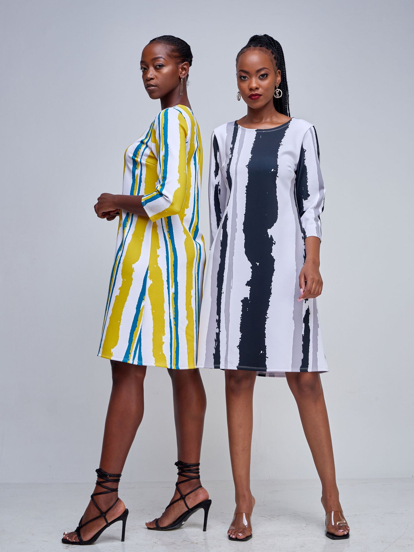 Vivo Tatili 3/4 Sleeve A Line Dress - Dark Teal / Mustrad Abstract Stripes Print