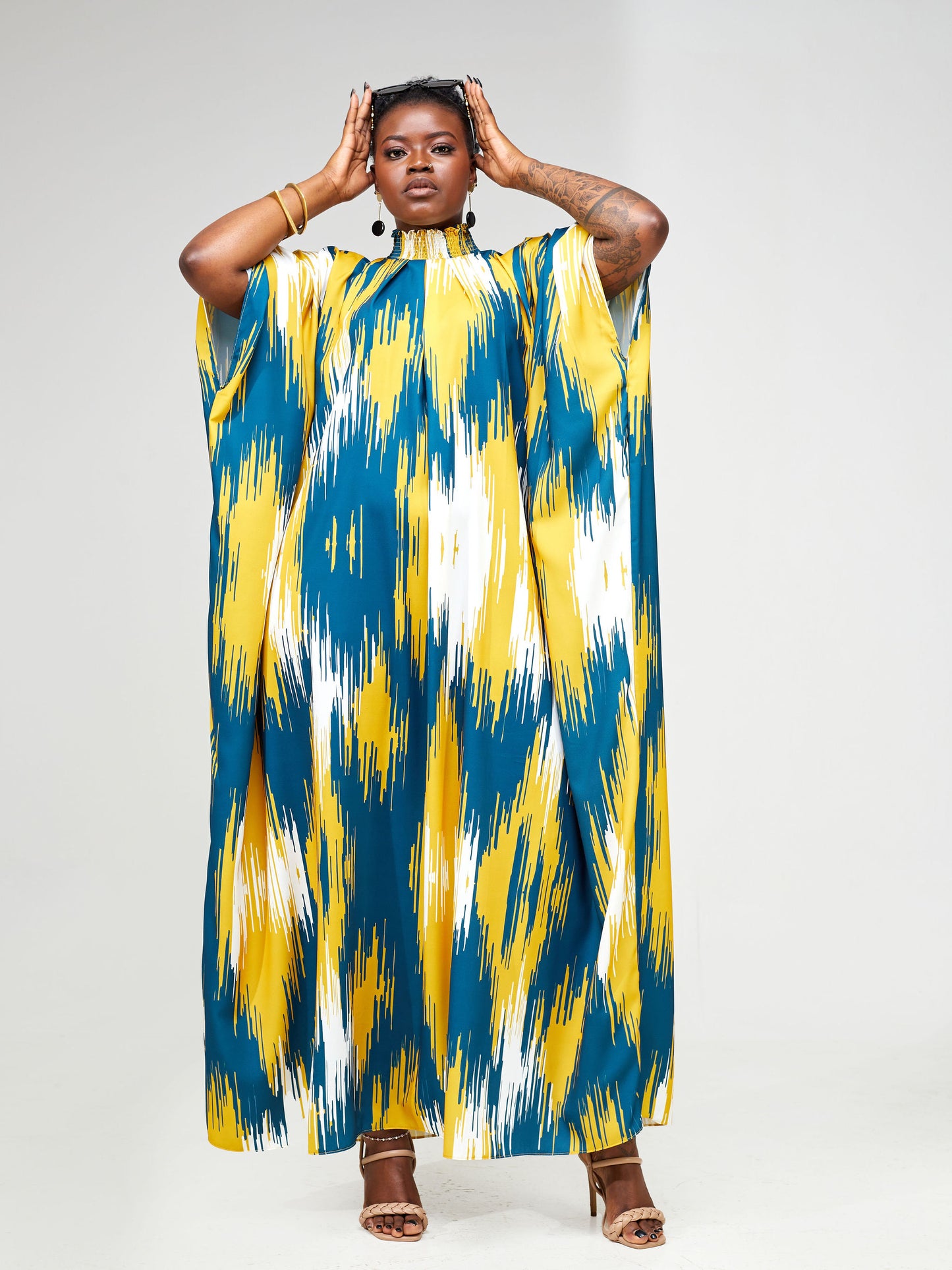 Vivo Wastani Shirred Neck Kaftan - Teal / Mustard Abstract Print