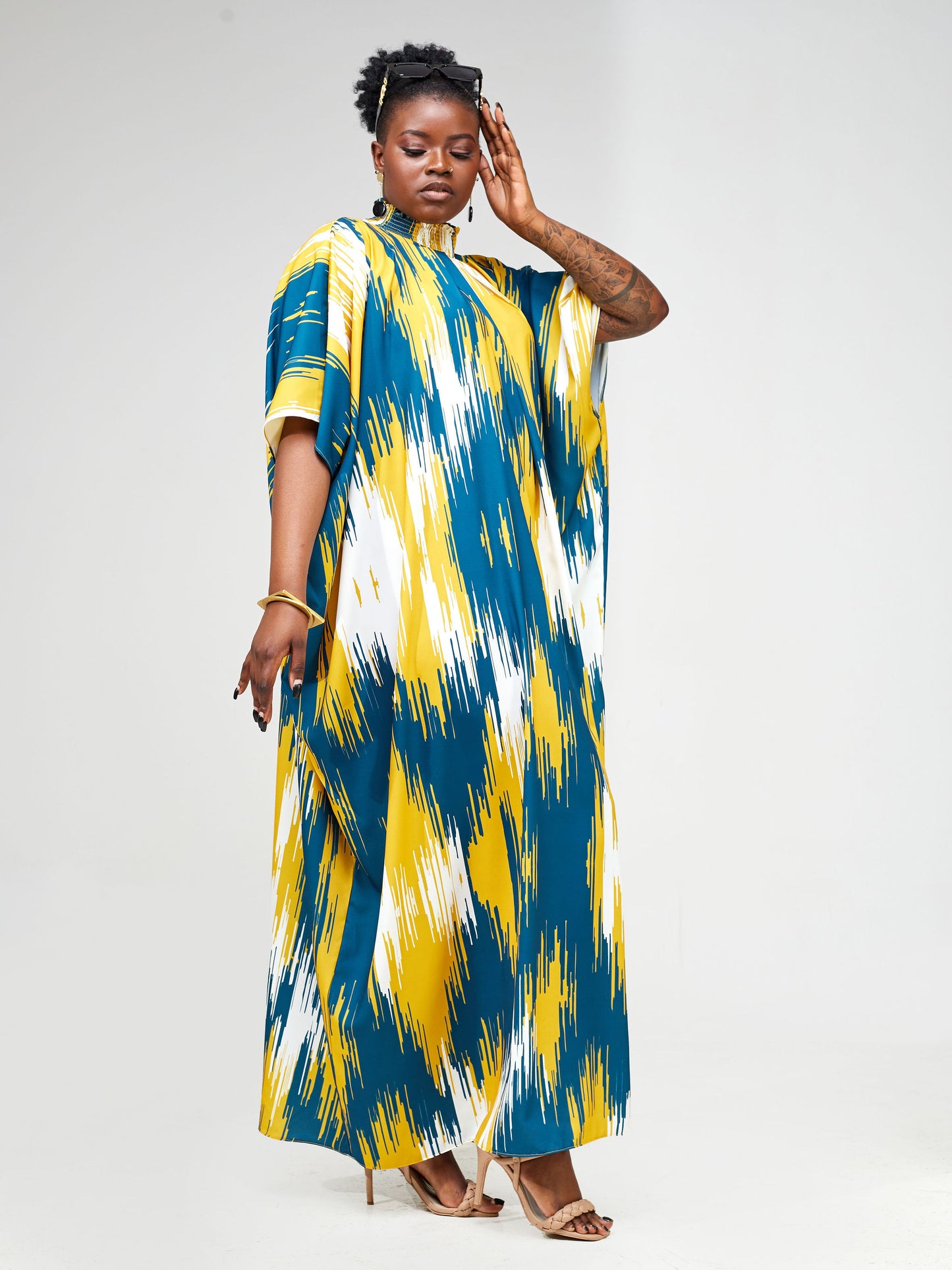 Vivo Wastani Shirred Neck Kaftan - Teal / Mustard Abstract Print