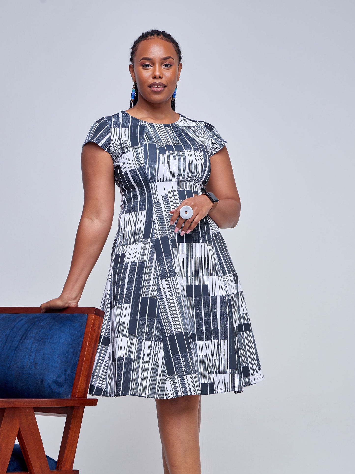 Vivo Tatili Cap Sleeved Panelled A-Line Dress - Black Barcode Abstract Print