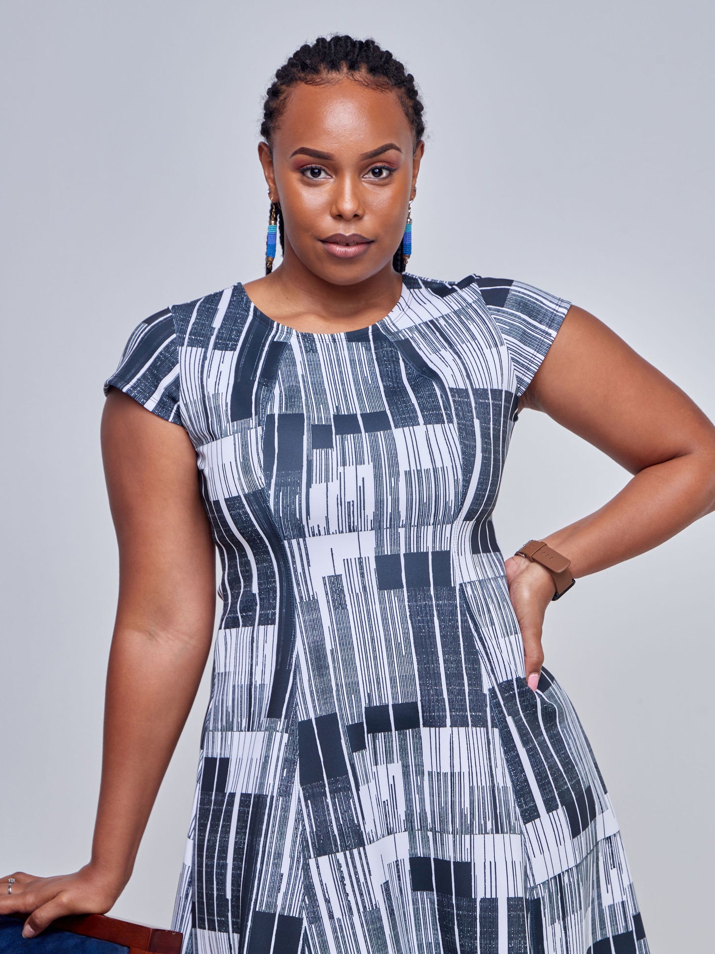 Vivo Tatili Cap Sleeved Panelled A-Line Dress - Black Barcode Abstract Print