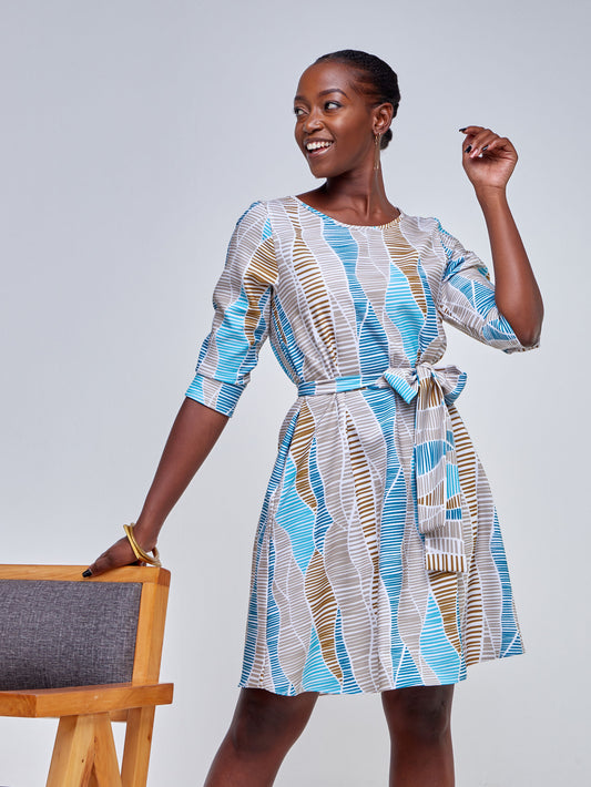 Vivo Tatili 3/4 Sleeve Tent Dress - Teal / Taupe Abstract Print