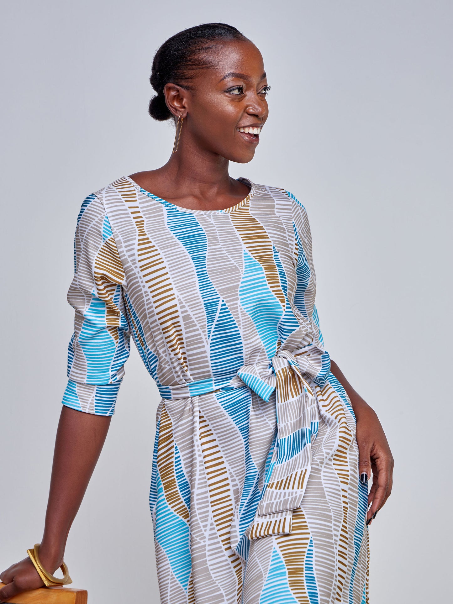 Vivo Tatili 3/4 Sleeve Tent Dress - Teal / Taupe Abstract Print