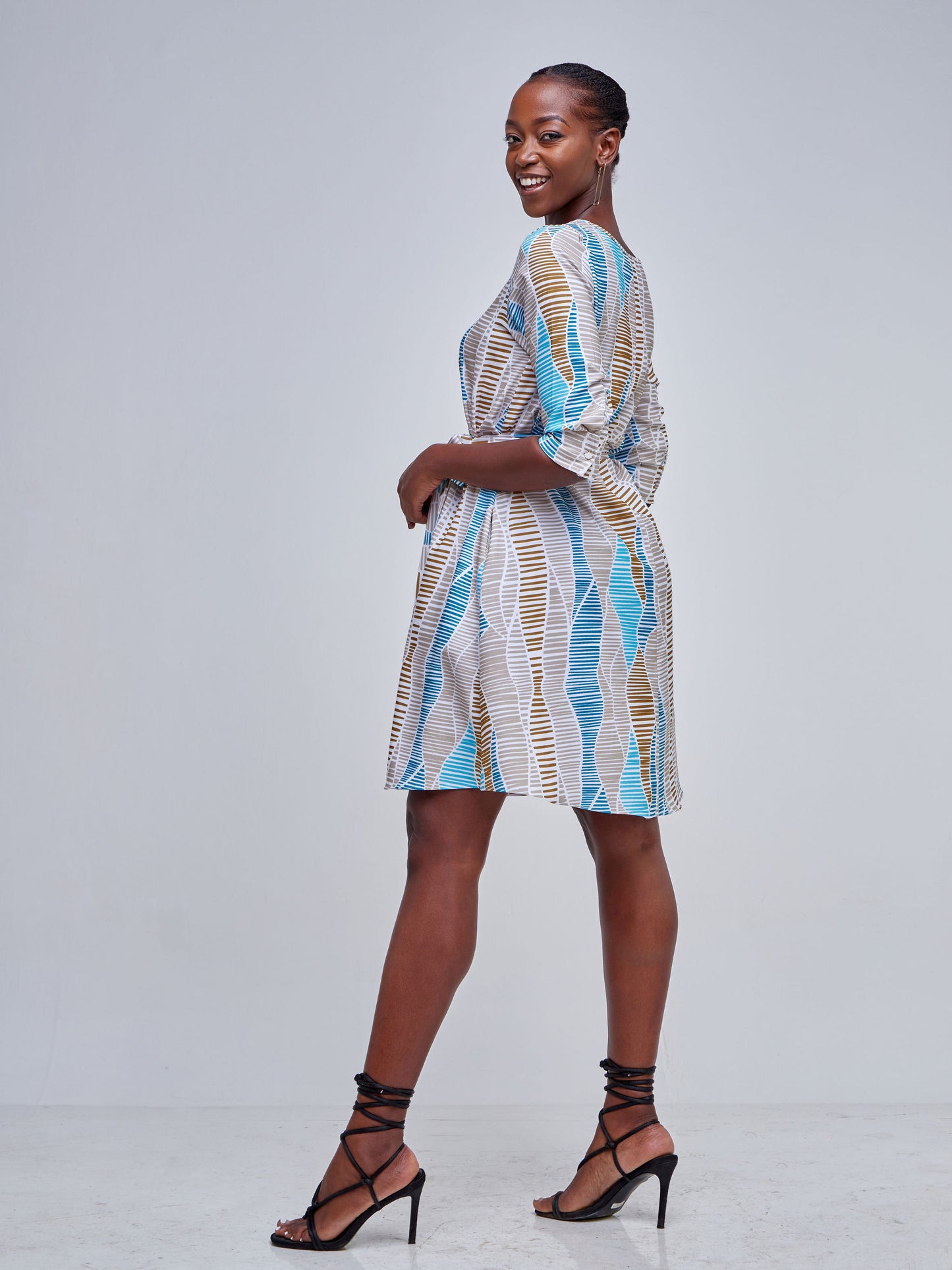 Vivo Tatili 3/4 Sleeve Tent Dress - Teal / Taupe Abstract Print