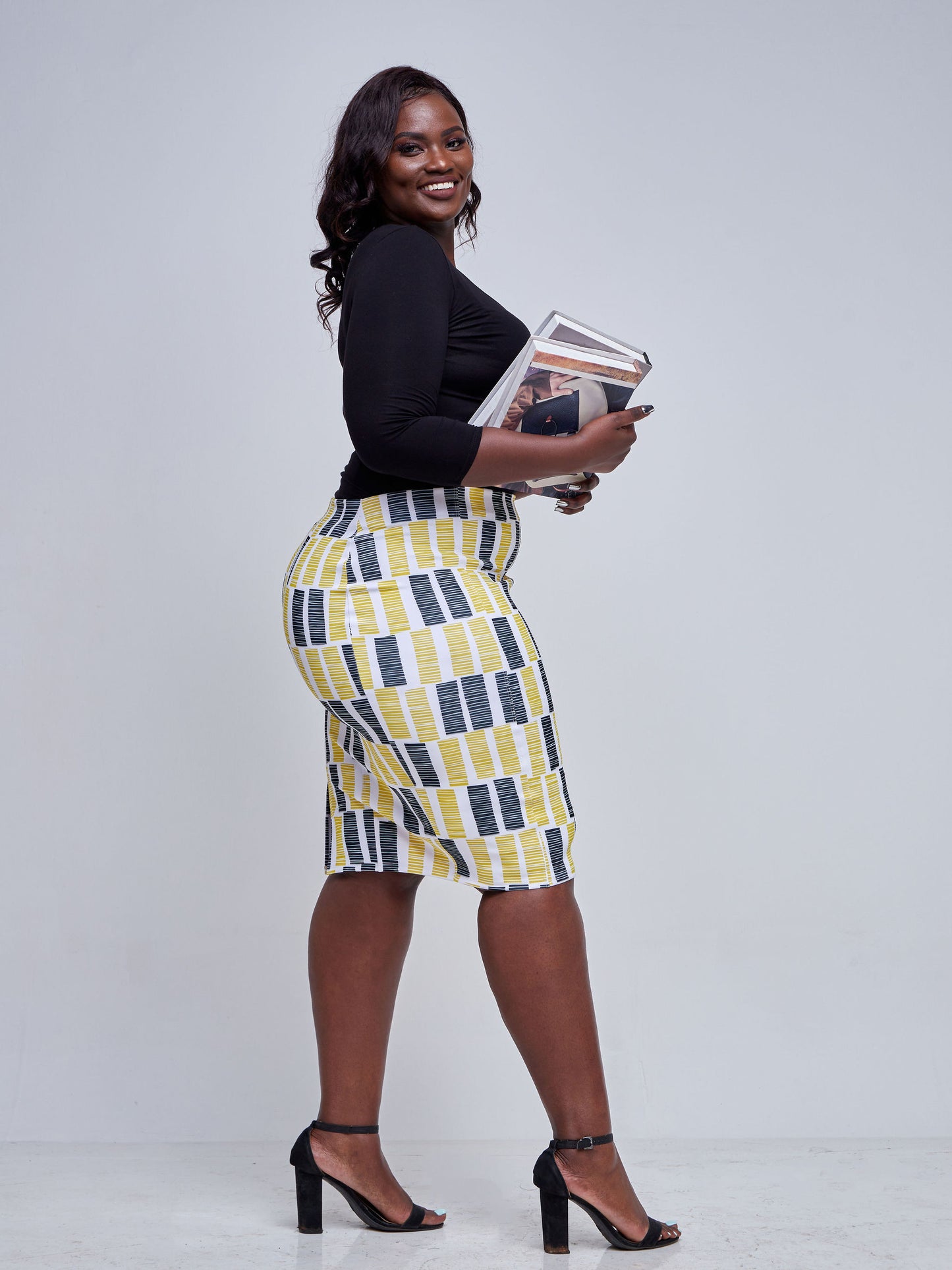 Vivo Tatili Panelled Pencil Skirt - Mustard / Black  Abstract Print
