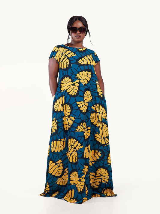 Vivo Basic Cap Sleeved Tent Maxi Dress - Teal / Mustard Abstract Print