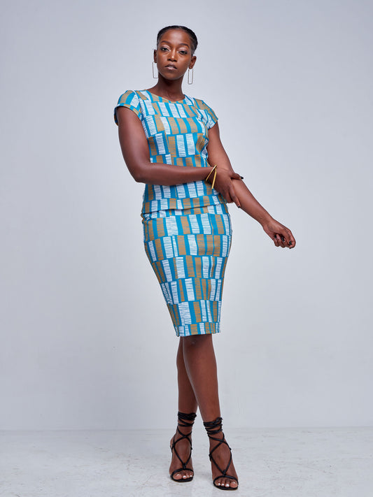 Vivo Tatili Panelled Pencil Skirt - Teal / Rust Abstract Print