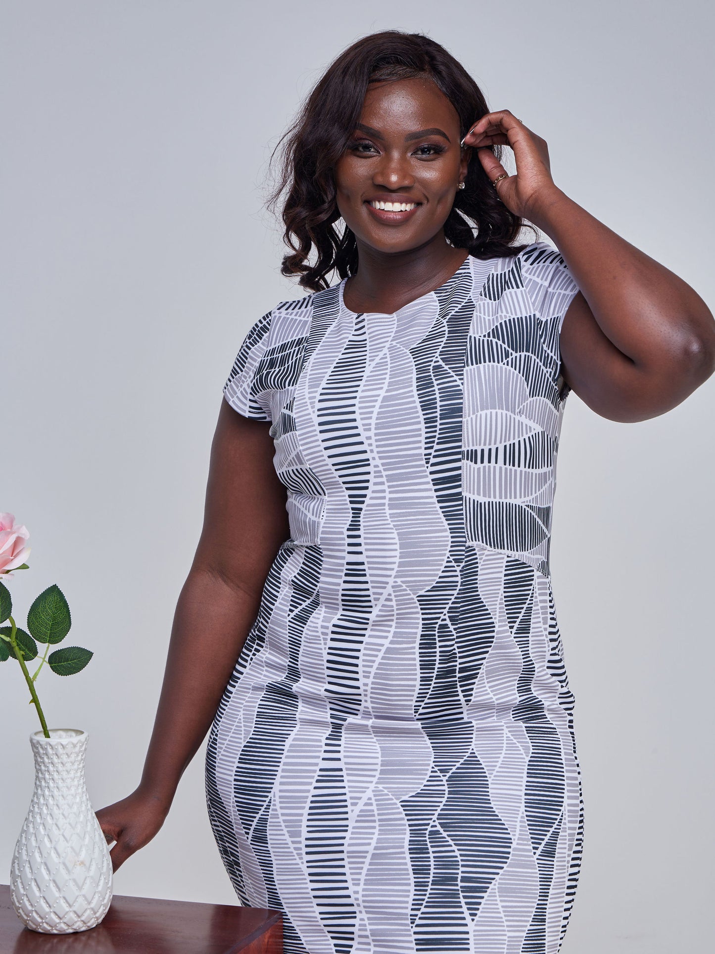 Vivo Tatili Cap Sleeved Panel Sheath Dress - Black / Grey Stripes Print