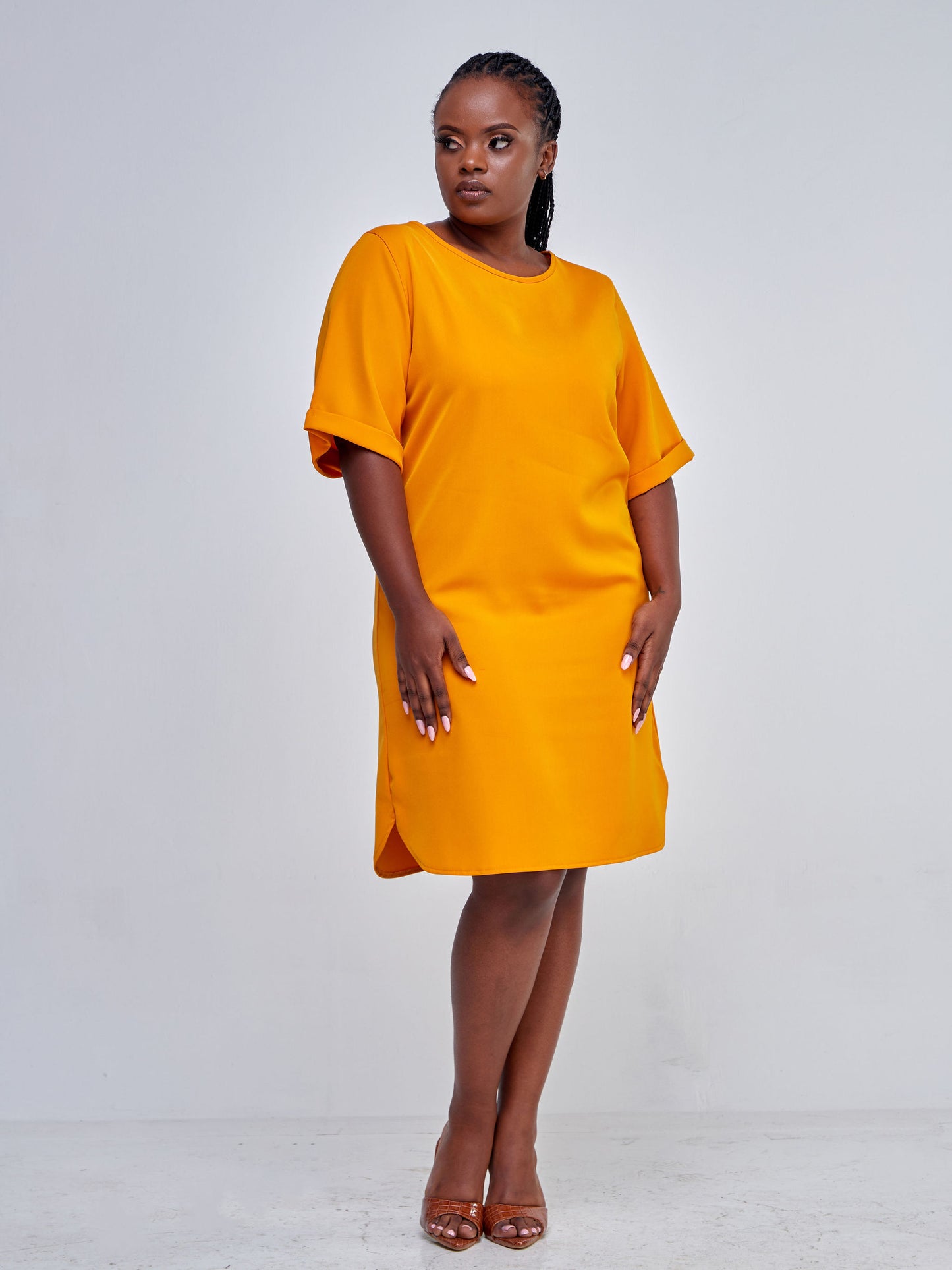 Vivo Tatili Turn Up Sleeve Shift Dress - Mustard