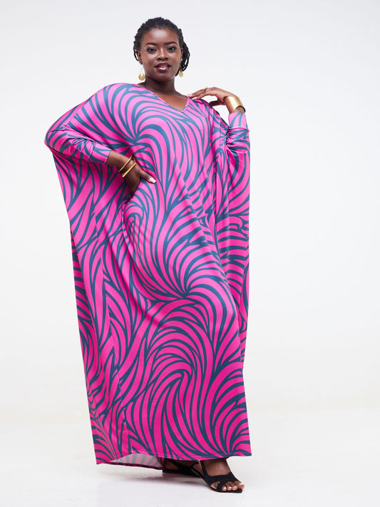 Vivo Lumi Cuffed Dolman Maxi Dress - Pink / Teal Spiral Abstract Print