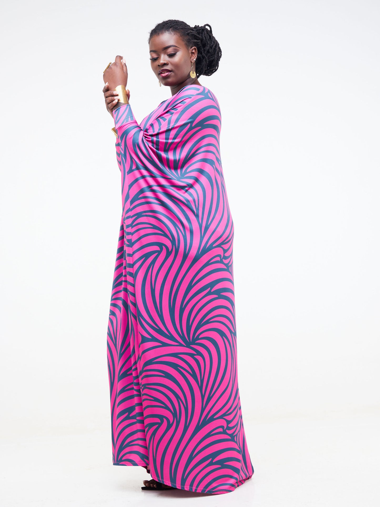Vivo Lumi Cuffed Dolman Maxi Dress - Pink / Teal Spiral Abstract Print