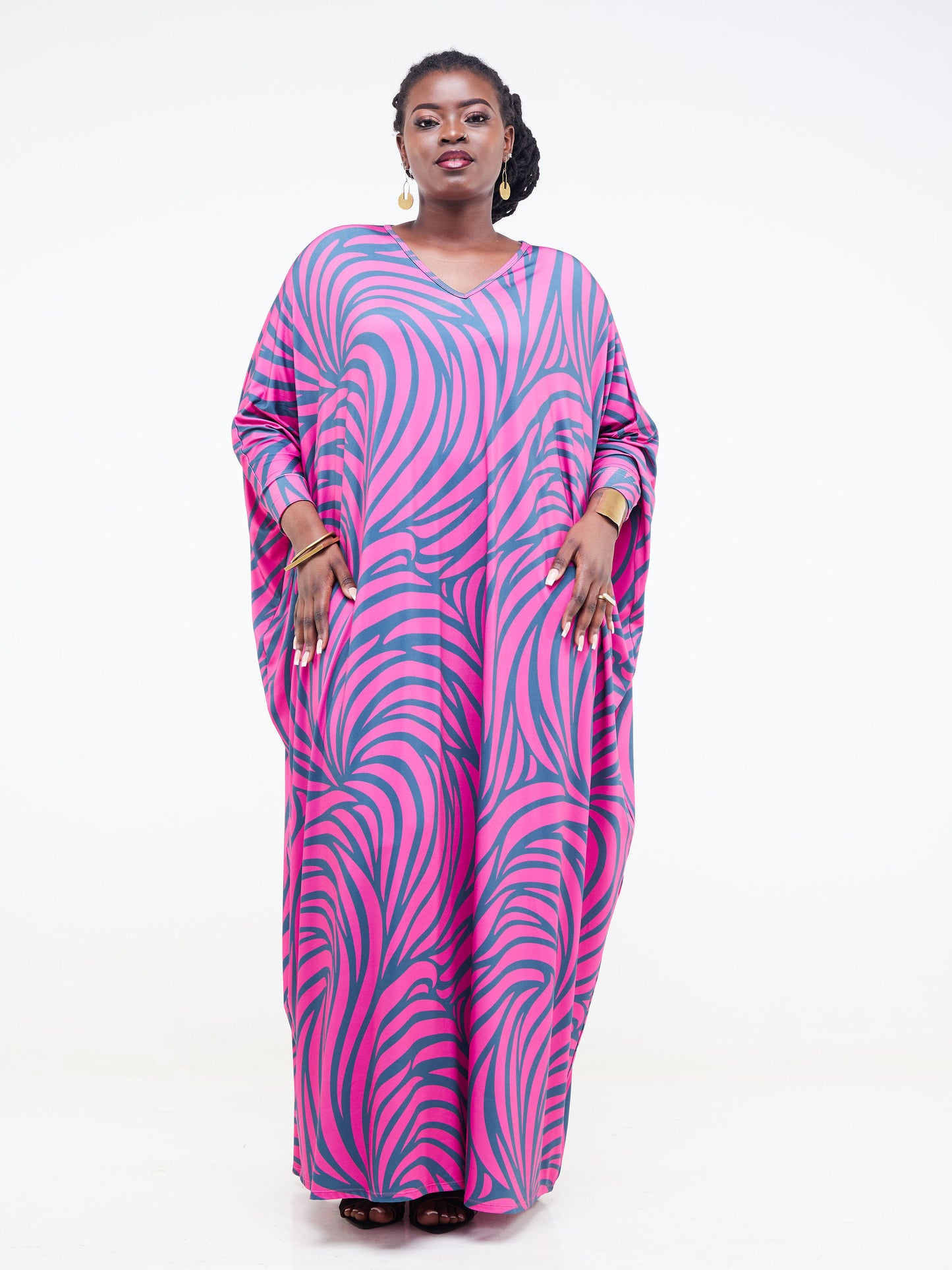 Vivo Lumi Cuffed Dolman Maxi Dress - Pink / Teal Spiral Abstract Print