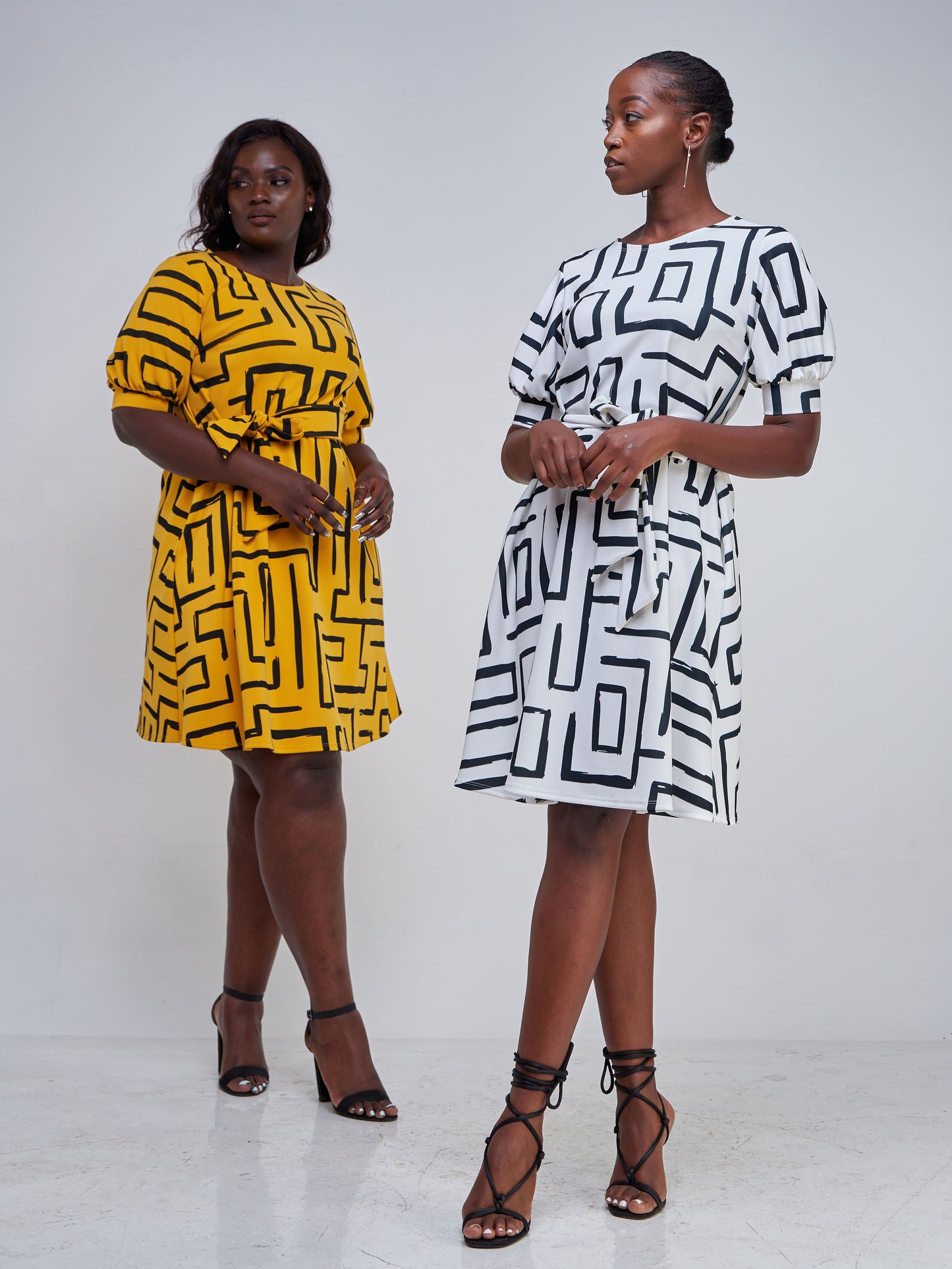 Vivo Imara Puff Sleeve Tent Dress - White / Black Abstract Print