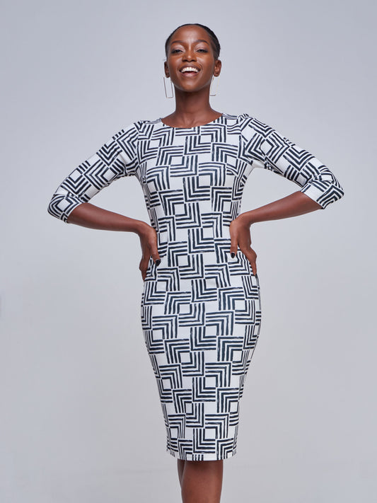 Vivo Imara 3/4 Sleeve Sheath Dress - Black / White Abstract Print
