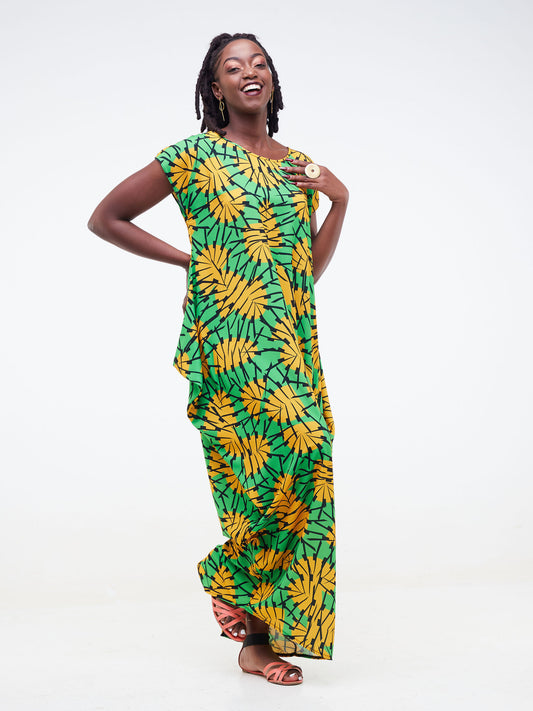 Vivo Tana Drop Shoulder Side Cowl Maxi Dress - Green / Mustard Abstract Print